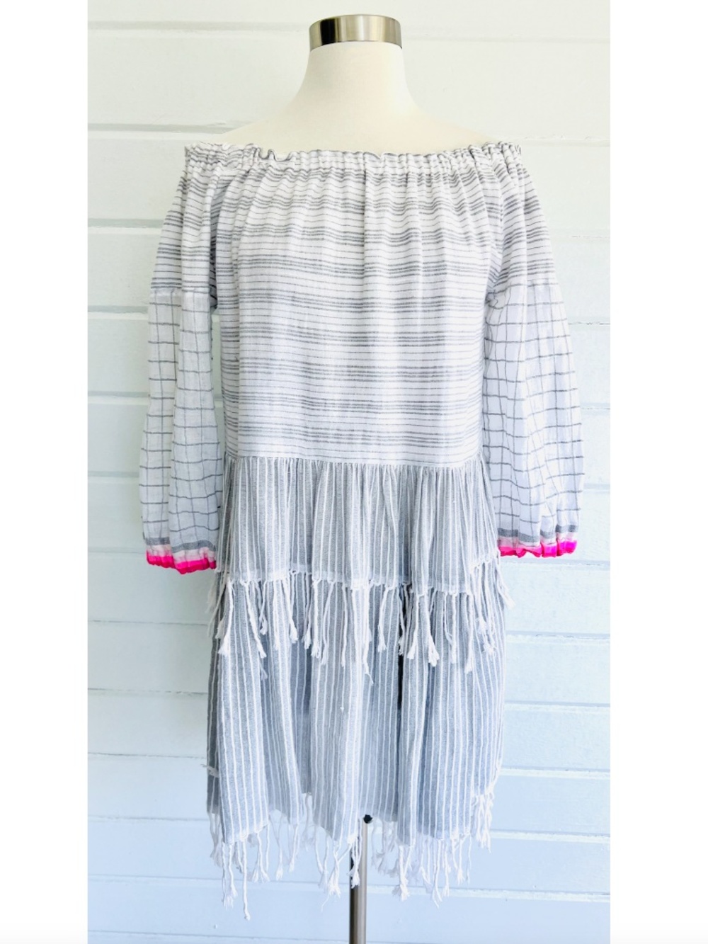 LEMLEM Anan Short Off-Shoulder Dress with Fringe - M